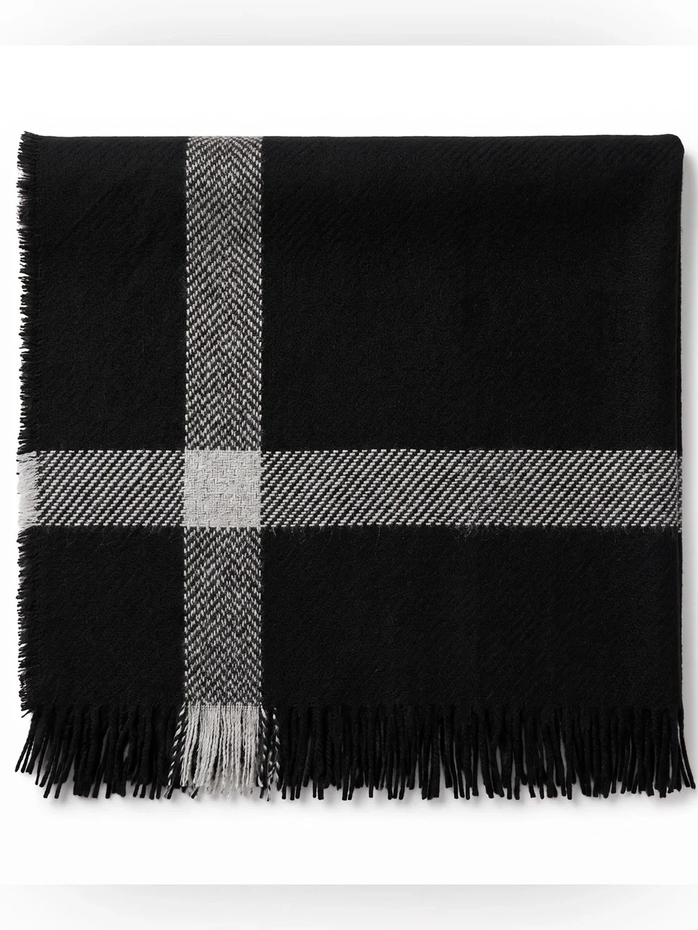 Vince Double-Face Check Merino Wool Cashmere Fringe Scarf Black Gray Border NWOT